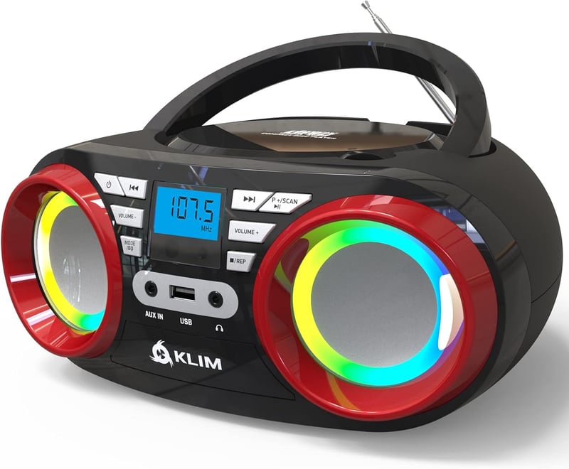 KLIM B3 Hordozható CD Lejátszó - Bluetooth, FM Rádió, MP3, USB, RGB LED - Újratölthető Boombox Digitális EQ-val - Kompakt Sztereó Hangzás