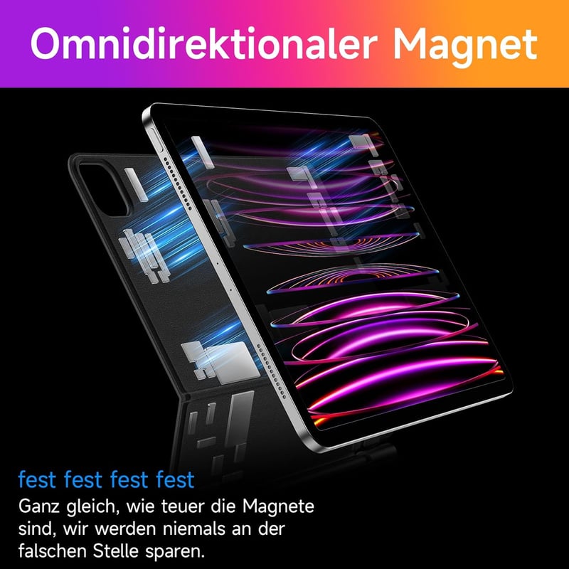HOU iPad Air 11/Pro 11 Billentyűzetes Tok - 7 Színű Háttérvilágítás, Touchpad, QWERTZ, Bluetooth, Állítható Szög, Vékony Dizájn, Fekete