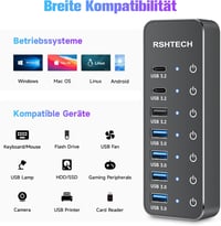 RSHTECH USB C 3.2 Hub 7 Portos Aktív Tápegységgel, 10 Gbps Adatátvitel, 3x Type-C + 4x USB 3.0 Port, Érintős Kapcsoló, 100cm Kábel 7