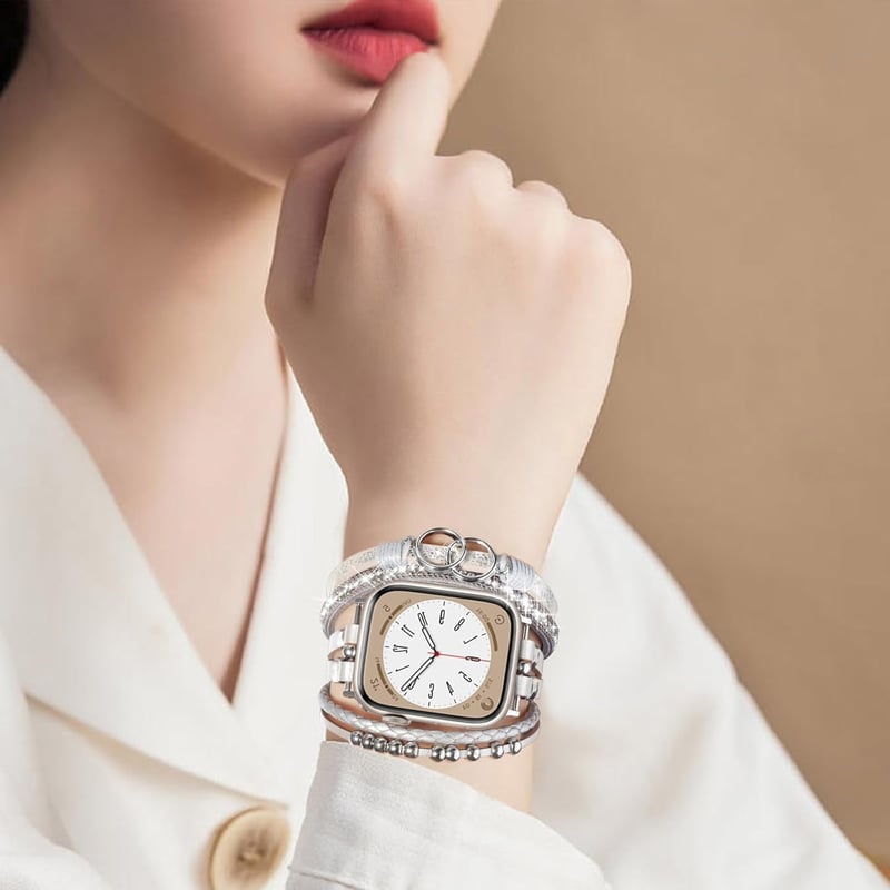 VISOOM Boho Gyöngyös Bőr Szíj Apple Watch 42mm/44mm/45mm/49mm Órához - Női Divatos Kétrétegű Karkötő Series 10/9/8/7/SE Kompatibilis