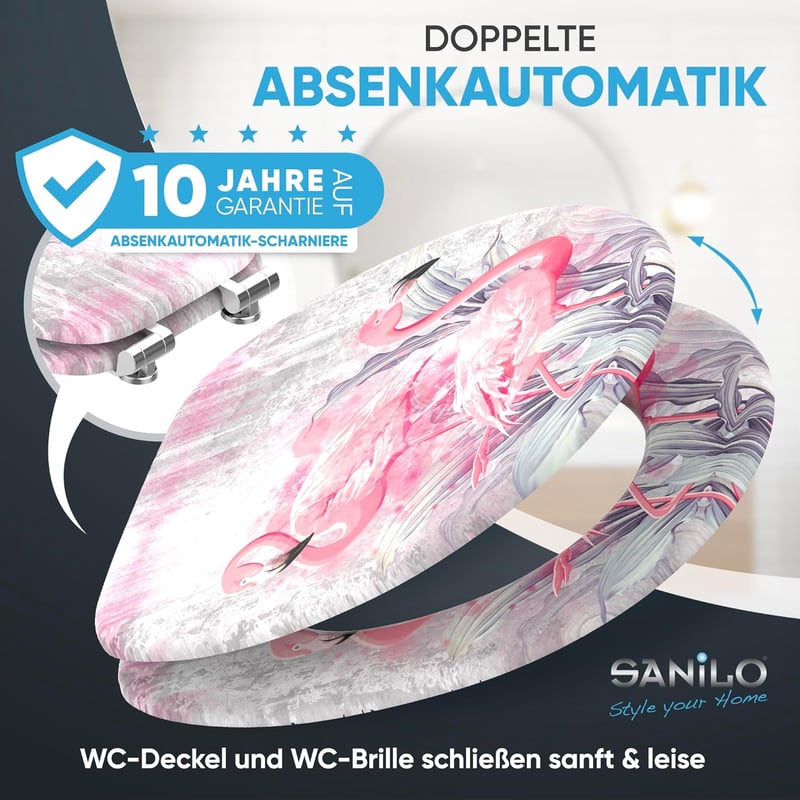 Sanilo Flamingo 2 WC Ülőke Lassú Záródással - Fa Anyagú, Könnyen Szerelhető, Strapabíró Zsanérokkal, Flamingó Mintás Toalett Fedél