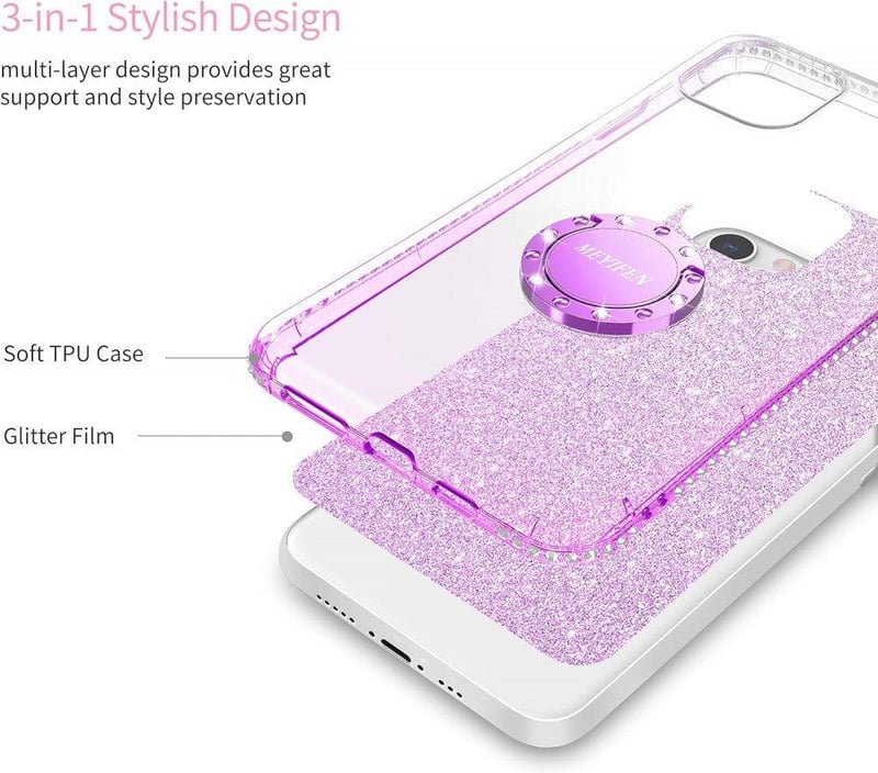 iPhone 12 Mini Lila Glitteres Gyűrűs Tok - Csillogó Lányos Szilikon Védőtok
