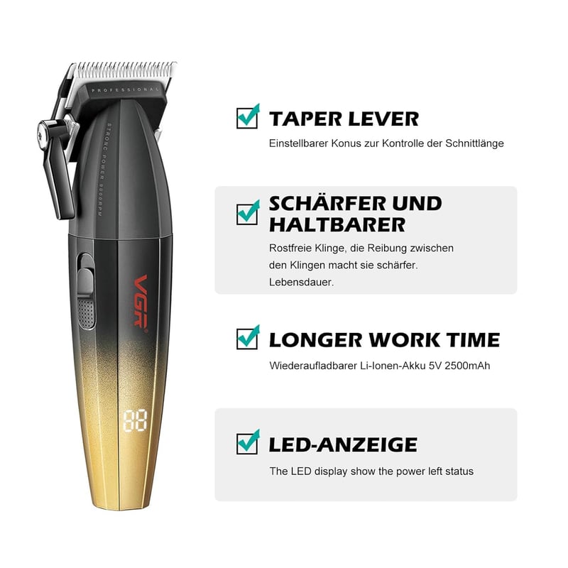 VGR 003 Fresh Fade Professzionális Hajvágó, Vezetékes/Vezeték Nélküli Hajnyíró LED Kijelzővel, T-pengével, 5 Fokozatú Vágási Beállítással Fé