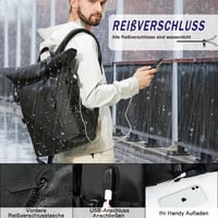 hk Rolltop Vízálló Hátizsák 27L - 15,6" Laptoptartóval, USB Porttal - Könnyű, Lopásbiztos Utazó/Iskolatáska Férfiaknak és Nőknek - Fekete 6
