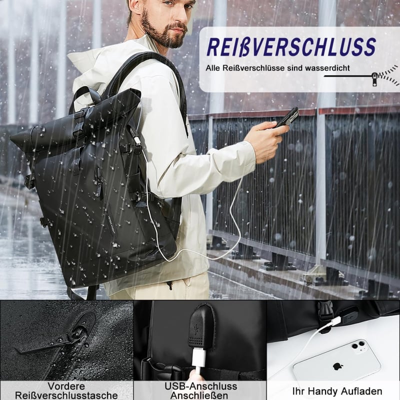 hk Rolltop Vízálló Hátizsák 27L - 15,6" Laptoptartóval, USB Porttal - Könnyű, Lopásbiztos Utazó/Iskolatáska Férfiaknak és Nőknek - Fekete