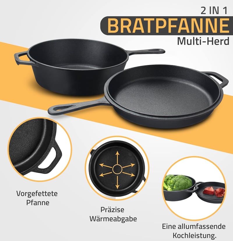 KICHLY Előkezelt Öntöttvas 2 az 1-ben Kombi Edénykészlet - 3,2 Literes Holland Sütő és 26 cm-es Serpenyő, Fekete, Tapadásmentes