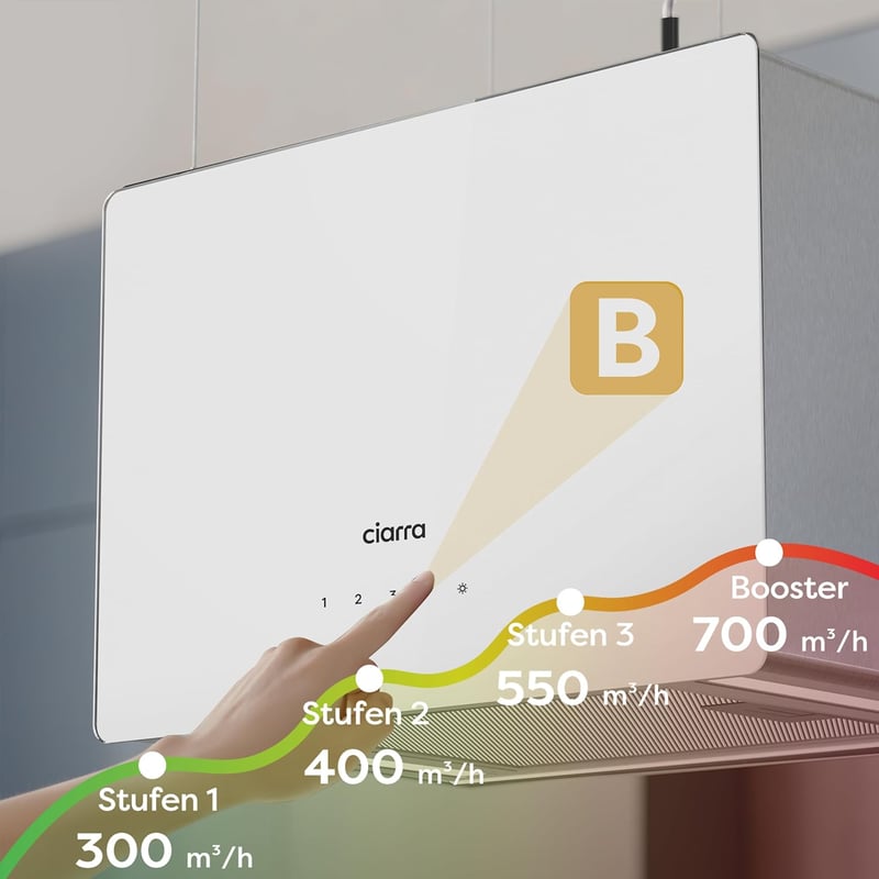 CIARRA CBCS4850 A+++ Sziget Páraelszívó 48 cm 700 m³/h WiFi Vezérléssel, 4 Fokozatú, LED Világítással, Szénszűrős, Rozsdamentes Acél