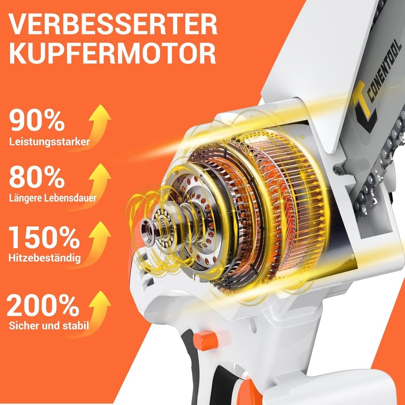Conentool 6 Colos Mini Láncfűrész 5000 mAh - 2 Akkumulátorral és 2 Edzett Lánccal, 650W Akkus Kézi Láncfűrész Metszéshez és Favágáshoz