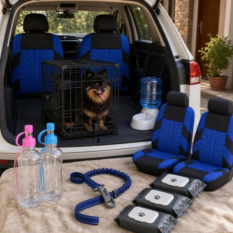 Cestovný balíček pre psov: 2× fľaša + pás + 2× poťah + box + 3,8l dávkovač + 3× puzdro na obrúsky