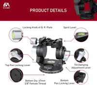 Cap trepied video EVUMO - Cap panoramic 360° cu placă rapidă, pentru GoPro, DSLR și camere video, sarcină maximă 10 kg, mâner reglabil, 47 8