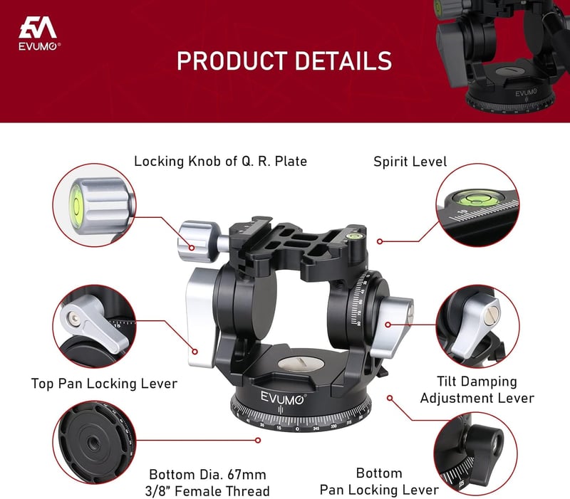 Cap trepied video EVUMO - Cap panoramic 360° cu placă rapidă, pentru GoPro, DSLR și camere video, sarcină maximă 10 kg, mâner reglabil, 47