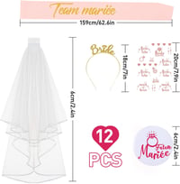 UNIVERTEN Lánybúcsú Szett Rózsaarany - Menyasszonyi Fátyol, Vállszalag, 6db Team Bride Szalag, Tiara Fejpánt, Kitűző és Tetoválás 2