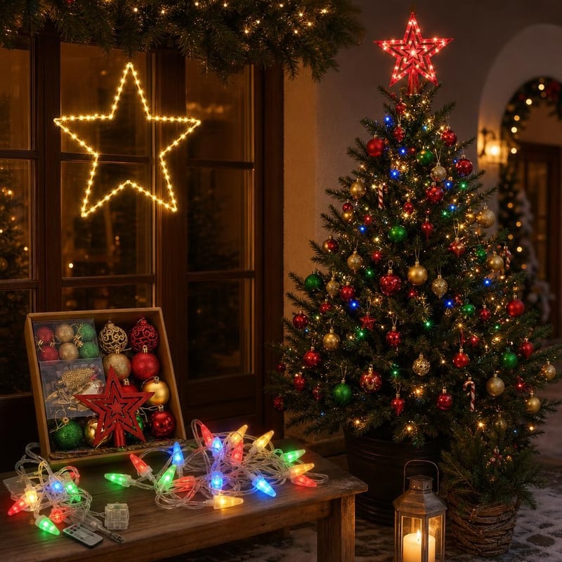 Čarobni božićni set: 2x RGB lampice + 73x kuglice + LED zvijezda + crveni vrh za bor