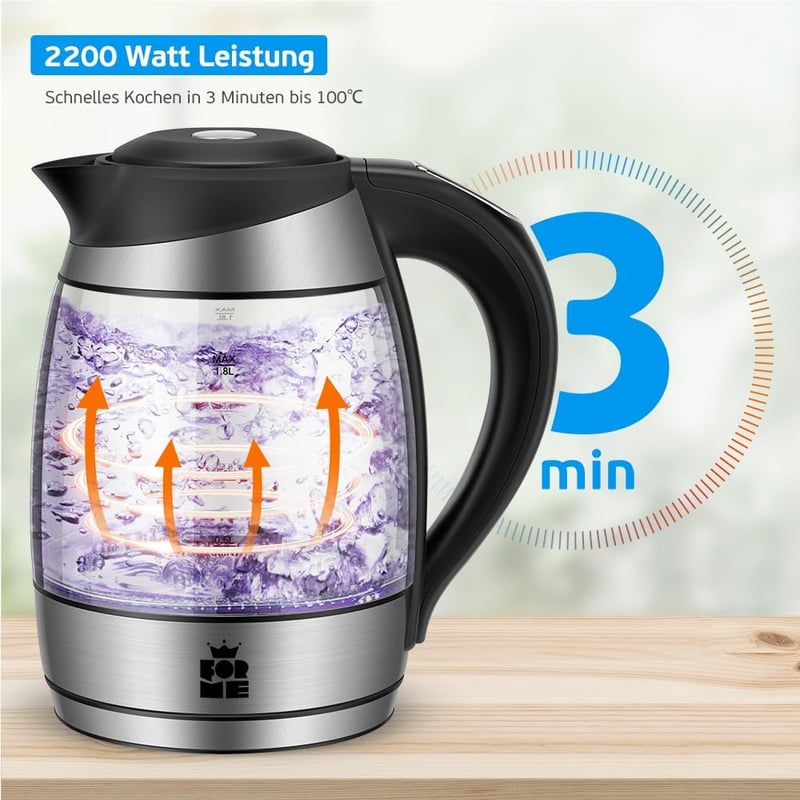 FOR ME 1,8L Üveg Elektromos Vízforraló Hőmérséklet Szabályozással 40-100°C, 7 Színű LED Világítással, Melegen Tartó Funkcióval, BPA-mentes