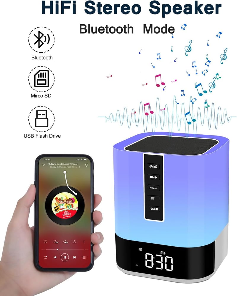 WamGra Bluetooth hangszórós éjjeli lámpa gyermek ébresztőórával, fehér zaj készülékkel, érintéses fényerőszabályzással, 48 RGB LED, fehér