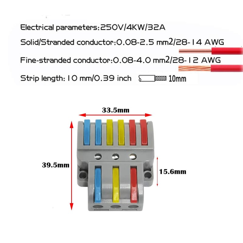 CTRICALVER Kompakt Vezetékösszekötő Készlet - 6db 3-6 Pólusú Elosztóblokk, Többszínű Elektromos Csatlakozó, 18 Csavarral, 250V/32A