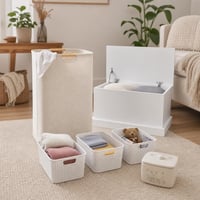 Set za organizaciju doma: bambus košara za rublje + 3 rattan košare + bijela kutija + keramička posuda 1