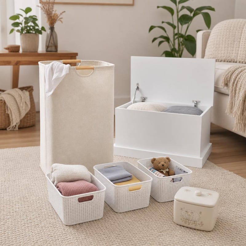 Set za organizaciju doma: bambus košara za rublje + 3 rattan košare + bijela kutija + keramička posuda