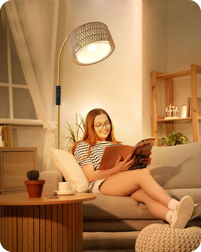 EDISHINE Ívelt Állólámpa Nappalihoz - Távirányítós, Fényerőszabályozós, Kötélfonott Lámpaernyővel, Forgatható Fejjel, 9W LED Izzóval, Arany