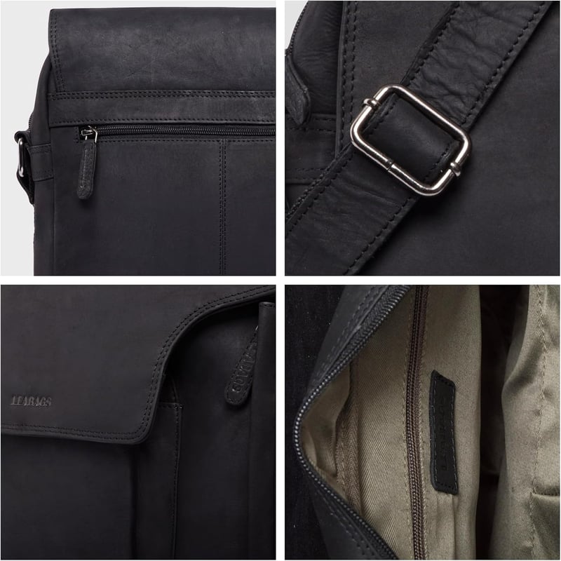 LEABAGS Amsterdam Unisex Válltáska Valódi Bivalybőrből, Vintage Megjelenés, Mágneszáras, Tágas Belső Terekkel - Fekete