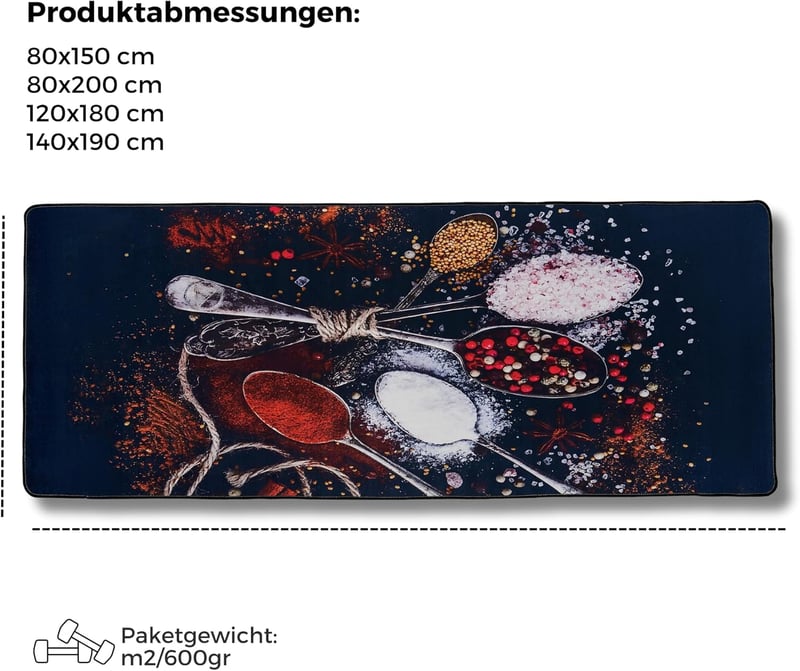 Miqna modern fekete konyhai szőnyeg, csúszásgátló géllel, mosható (140x190 cm)