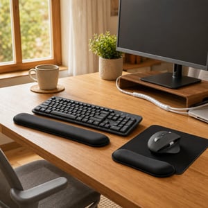 Ergonomikus irodasarok: vezeték nélküli billentyűzet + egér + egérpad + csuklótámasz + kábelrendező