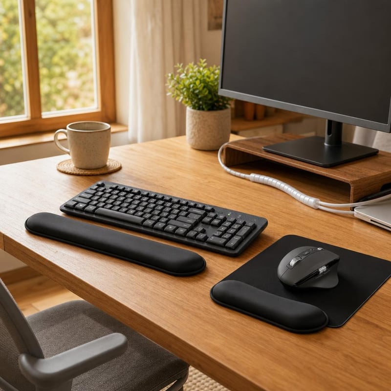Ergonomikus irodasarok: vezeték nélküli billentyűzet + egér + egérpad + csuklótámasz + kábelrendező