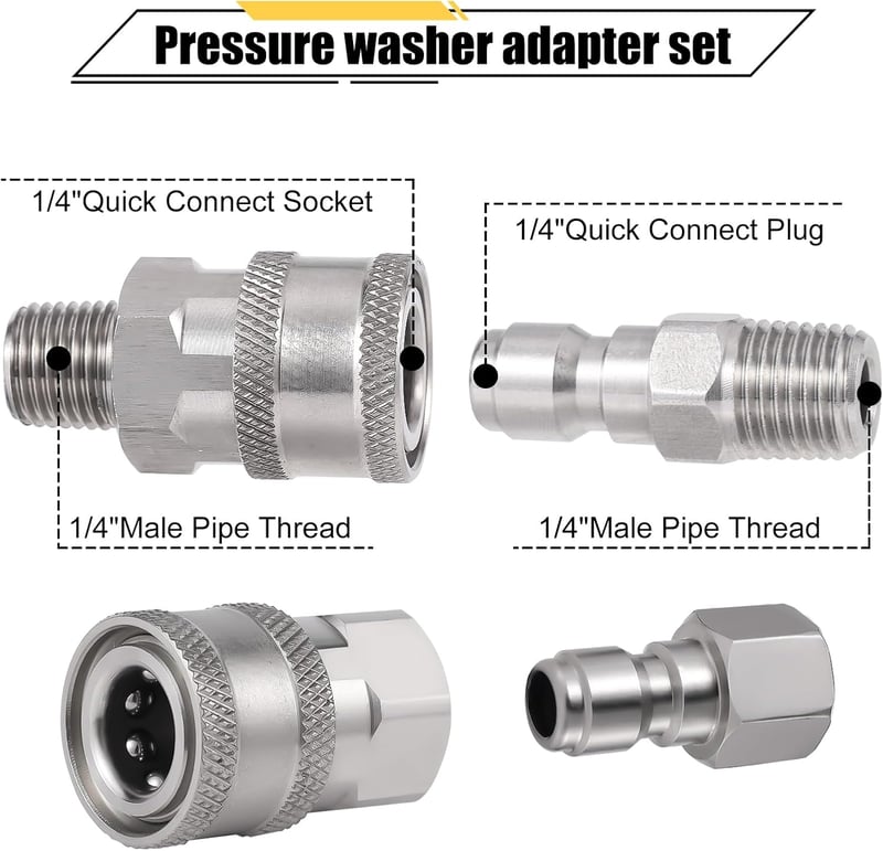 SAVITA Nagynyomású Mosó Gyorscsatlakozó Készlet - 4 db Rozsdamentes Acél NPT 1/4" Belső-Külső Menetes Adapter 5000 PSI-ig, Ezüst