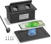 HANNELORE Süllyeszthető Asztali Elosztó 2 Aljzattal, 20W USB-C PD Gyorstöltővel és 15W Vezeték Nélküli Töltővel, 1,8m Kábel, Fekete 1