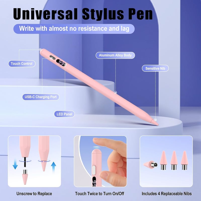 TiMOVO Gyorstöltős Érintőképernyős Stylus Toll - iPad, iPhone, Android, Samsung, Xiaomi Tabletekhez - Töltésjelzővel, Rózsaszín
