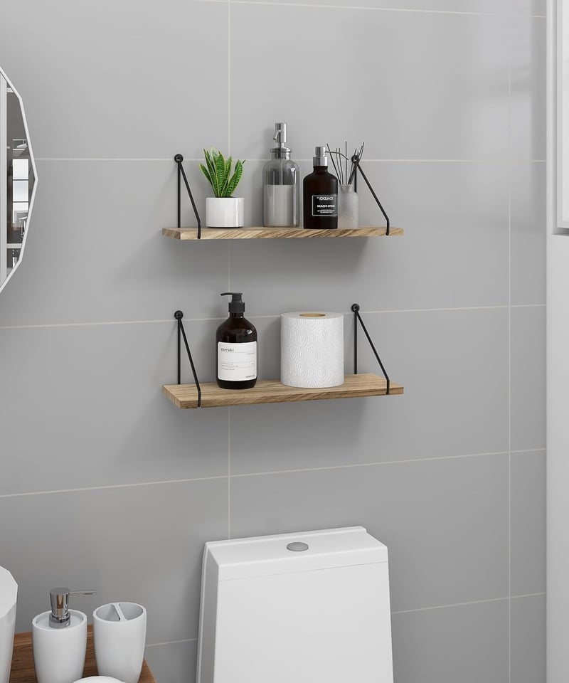 Afuly Rusztikus Fali Polc Szett - Natúr Fa és Fekete Fém Kombinációja - 2 db Könnyű Polc Fürdőszobába, Nappaliba, Konyhába - 40x15,5 cm