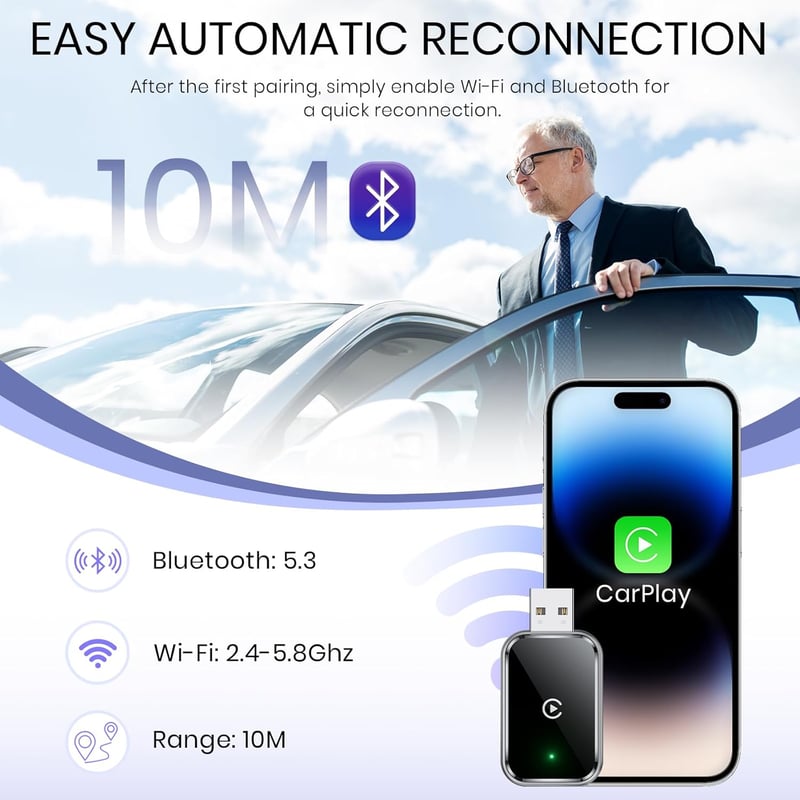 AIZEO Vezeték Nélküli CarPlay Adapter - Gyors Átállás Vezetékes CarPlayről Vezeték Nélkülire, Plug and Play, iPhone iOS 10+ Kompatibilis

AI