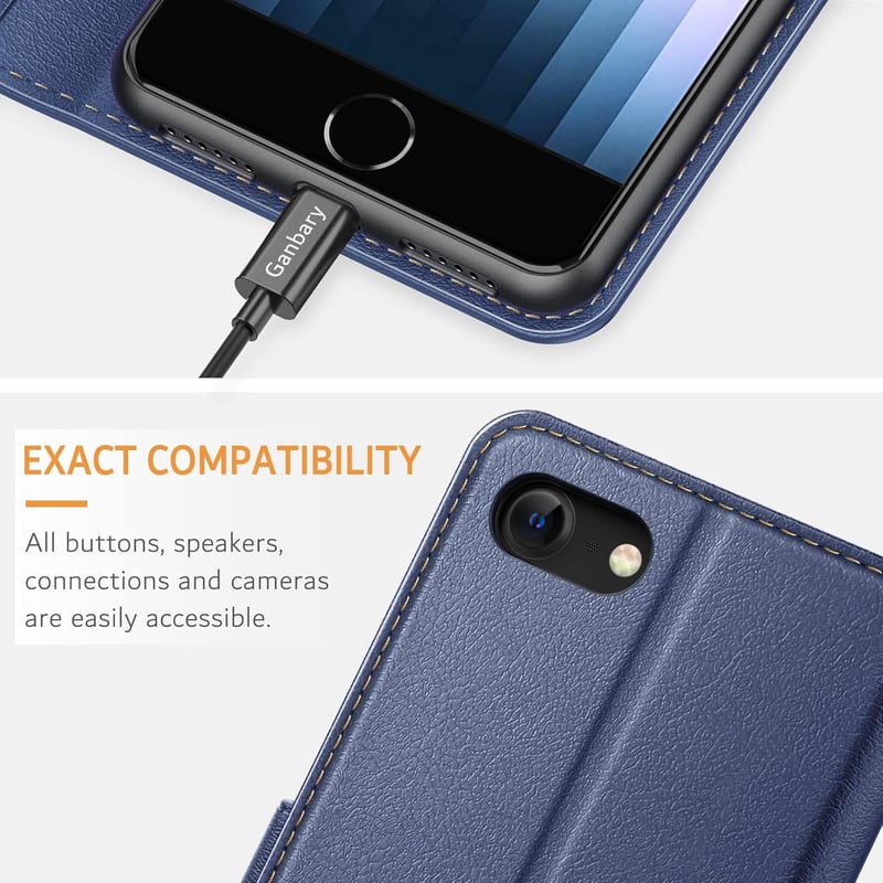 Ganbary iPhone SE 2022/2020/7/8 Prémium Bőr Tok - Kék, Kártyatartós, Mágneses