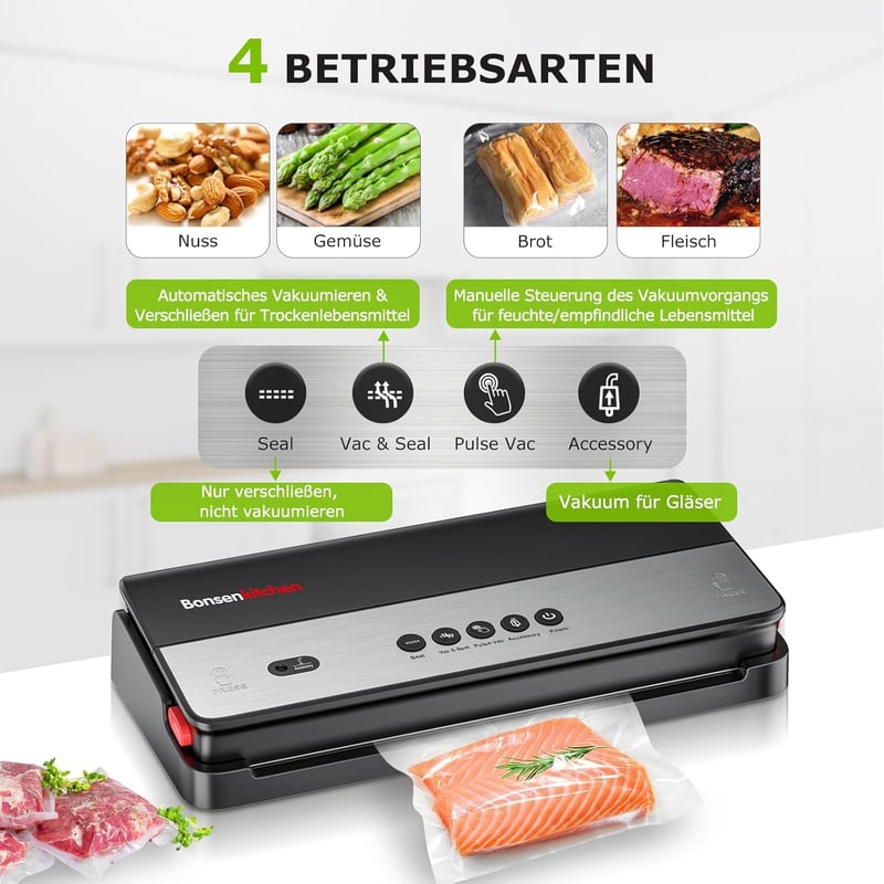 Bonsenkitchen Vákuumfóliázó Beépített Vágóval - Száraz és Nedves Élelmiszerekhez - Fekete Vákuumcsomagoló 5 Zacskóval és 1 Tekerccsel