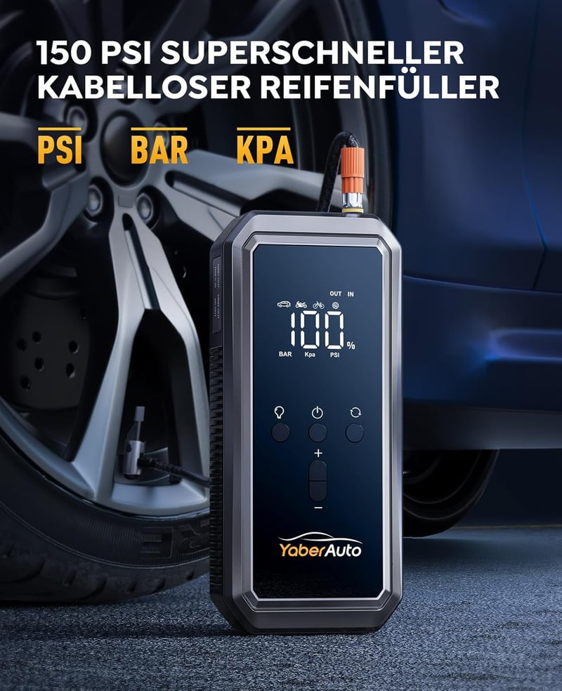 Yaber 4 az 1-ben autós indítássegítő powerbank 3000A, 150PSI kompresszorral