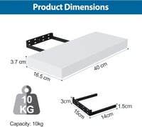 BONTEC Lebegő Fali Polc Szett, 40cm Fehér Könyvespolc, 10kg Teherbírású Fali Tároló, Dekoratív Fapolc Rendszer 3