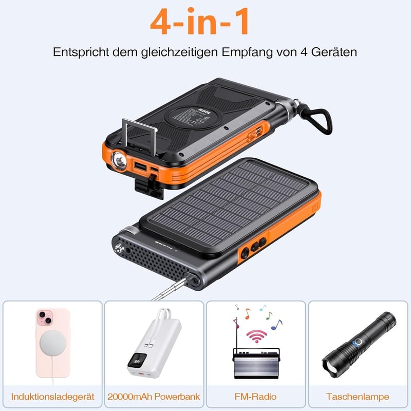 BLAVOR 20000 mAh-s Napelemes Powerbank 4in1 Vezeték Nélküli Töltéssel és FM Rádióval