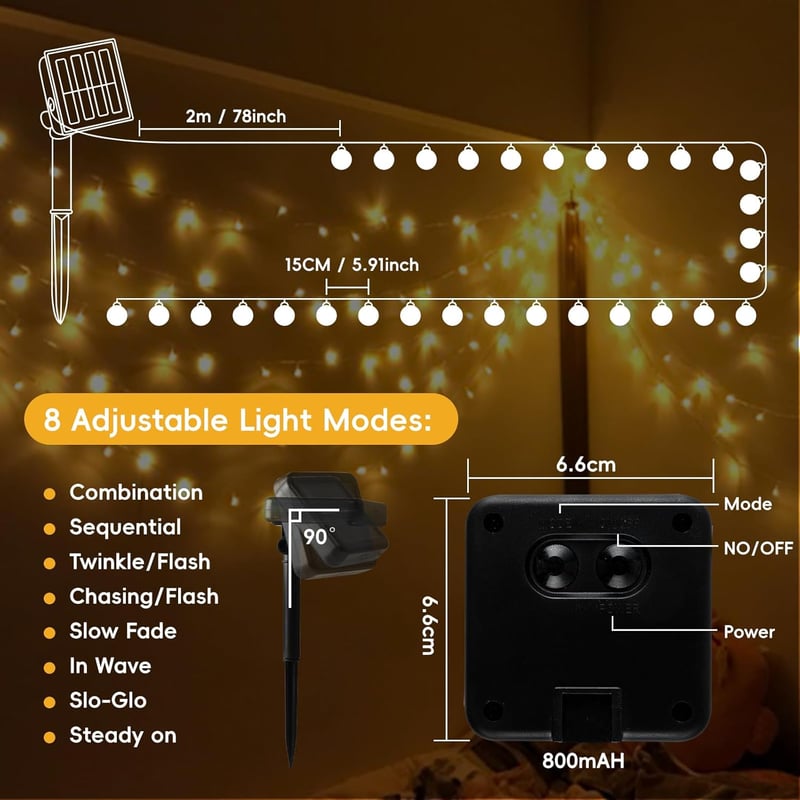 Goodia 8m-es Napelemes Kültéri Fényfüzér 40 LED-del, 8 Üzemmód, IP65 Vízálló