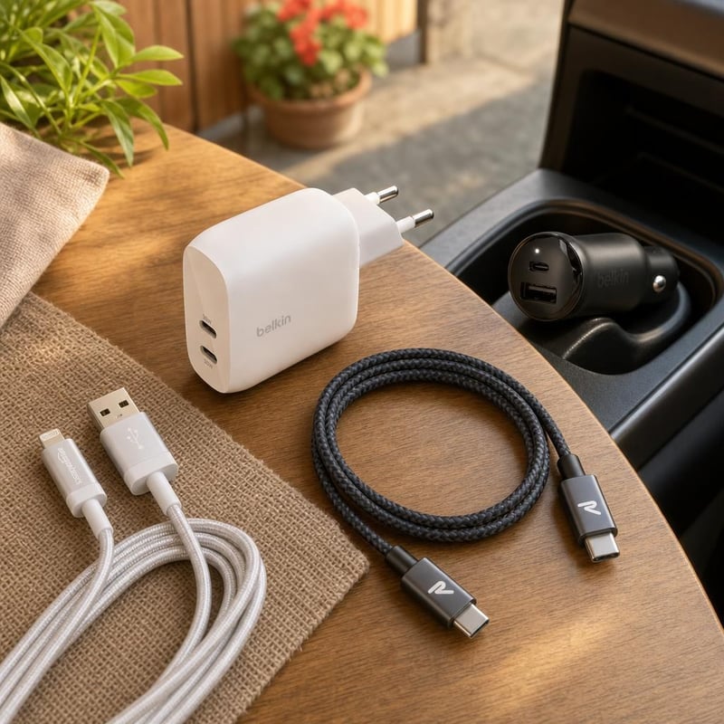 Útközbeni töltőmentő csomag: Lightning kábel + 2 portos USB-C gyorstöltő + USB-C kábel + dupla autós töltő