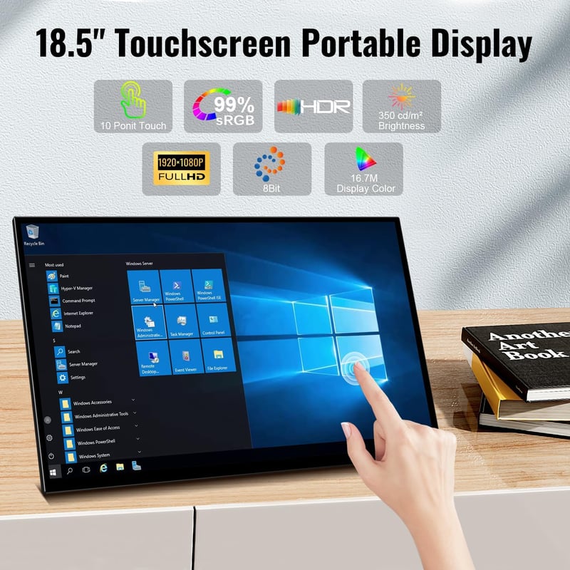 Prechen 18,5" Hordozható Érintőképernyős Monitor - 1080P FHD IPS, 99% sRGB, HDR, USB-C/HDMI, VESA, 180° Állítható, Laptop/PC/PS5/Xbox Kompat - black