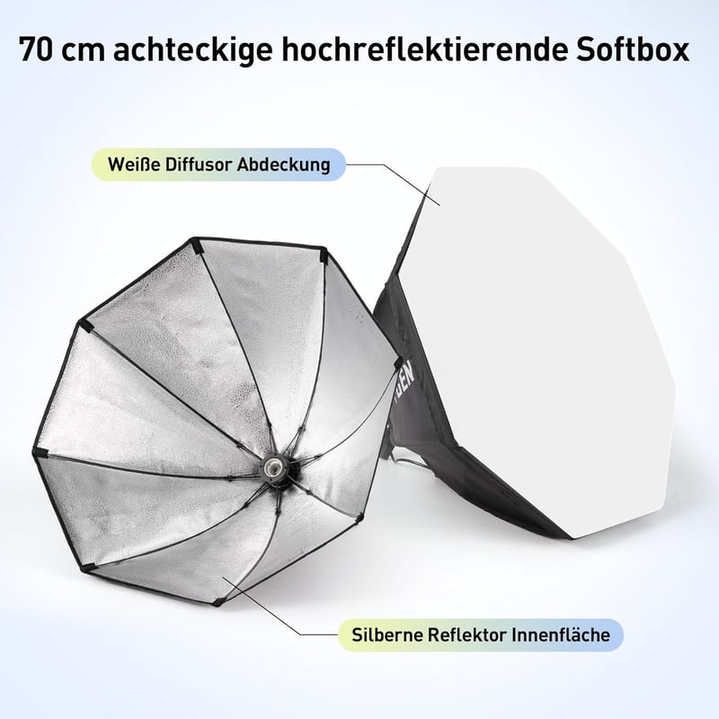 FGen Oktogonális Softbox Fotóstúdió Szett 135W 5500K LED Lámpákkal, 70cm Fénydoboz és 2m Állítható Állványok Portré és Termékfotózáshoz