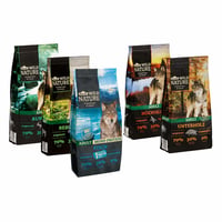 Pachet de probă hrană uscată pentru câini Dehner Wild Nature 5 x 1 kg – fără cereale, 70% proteine animale, pentru câini adulți, arome mixte – set de 5 bucăți 1
