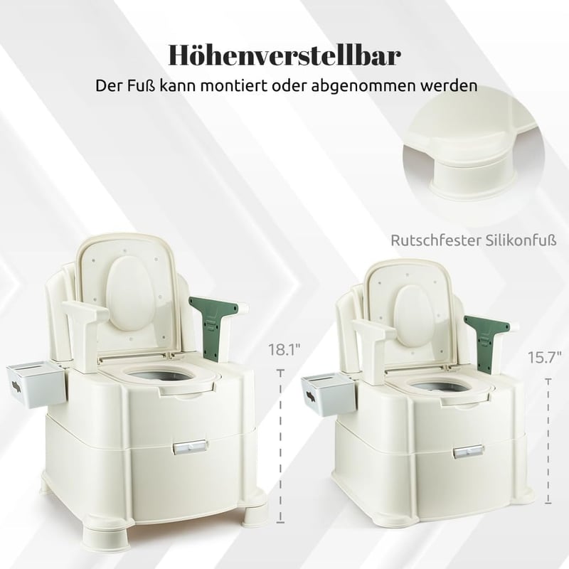 Hybodies Hordozható WC Szék Időseknek és Mozgáskorlátozottaknak - Állítható Magasságú Éjjeli Toalett Karfával, Szenzoros Éjszakai Fénnyel, 2