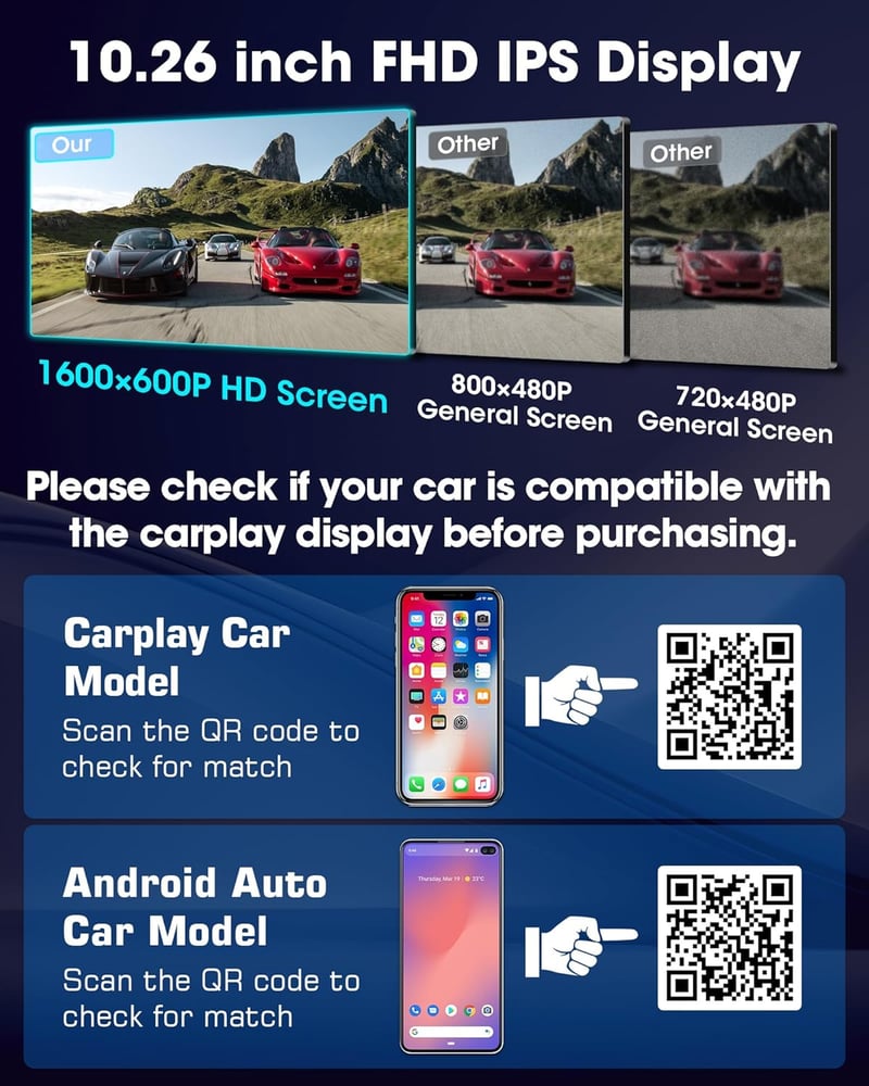 Jansite 10,26" Érintőképernyős CarPlay Android Autós Kijelző Állvánnyal - GPS Navigáció, Tolatókamera, Siri/Google Asszisztens, Vezeték Nélk
