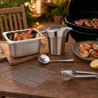 Garnélás grillcsomag: GN 1/4 tartály + 480 ml kiöntő + tálalókanál + 8 db garnélanyárs + grillcsipesz 1