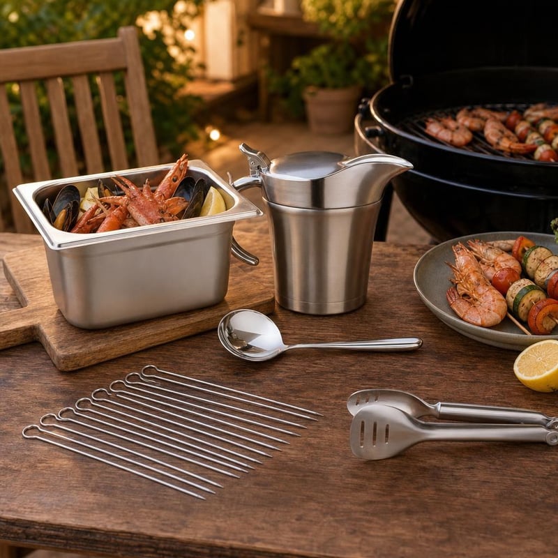 Garnélás grillcsomag: GN 1/4 tartály + 480 ml kiöntő + tálalókanál + 8 db garnélanyárs + grillcsipesz