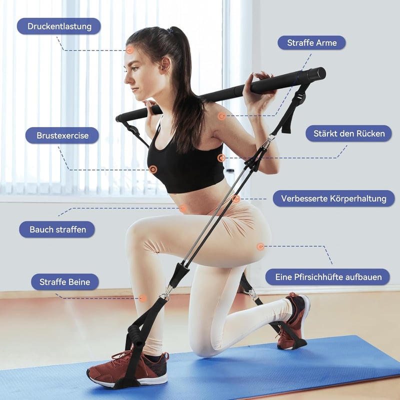 ALongSong Pilates rúd szett kezdőknek - 4 gumiszalaggal, ajtórögzítővel, otthoni edzéshez (Fekete)