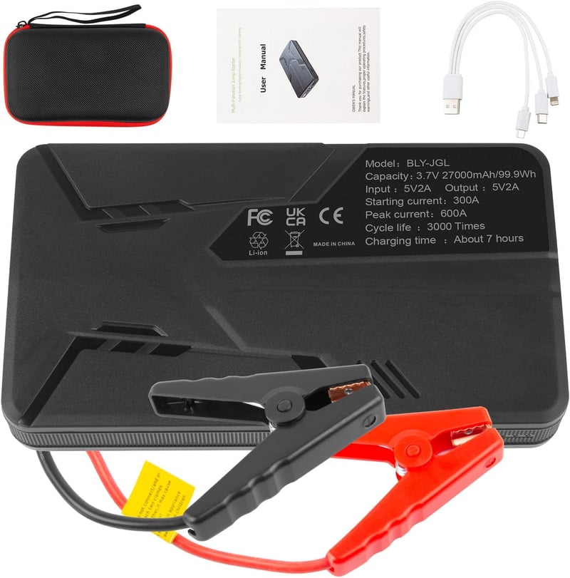ASUNCELL Autós Bikázó 27000mAh Powerbank 600A 12V - Hordozható Indításrásegítő 5.0L Benzin és 2.0L Dízel Motorokhoz, LED Lámpával