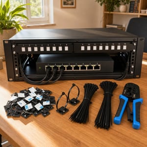 Set za mrežnu infrastrukturu: 16p patch panel + kliješta + 200 vezica + 100 držača + 8p gigabitni switch