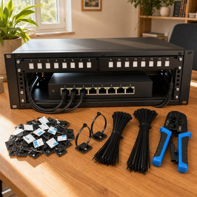 Set za mrežnu infrastrukturu: 16p patch panel + kliješta + 200 vezica + 100 držača + 8p gigabitni switch